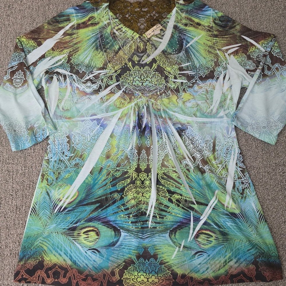 Live and Let Live Peacock Feather Embellished Tunic Top XL Boho Artsy